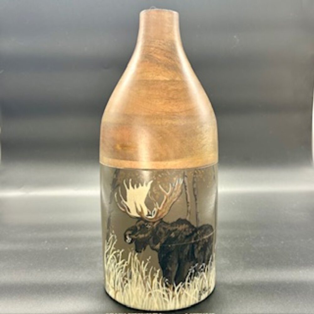 Handsome Hand-Painted Moose Scene Wooden Vase Artist Signed J Sugg